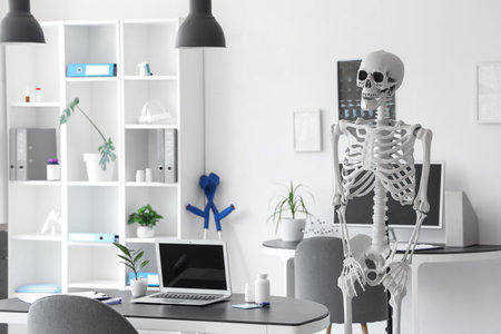 Interior of light hospital with human skeleton model, x-ray images, modern laptop and computer
