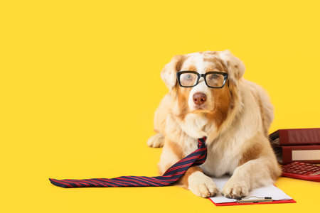 Funny business Australian Shepherd dog with clipboard, eyeglasses and tie lying on yellow backgroundの写真素材