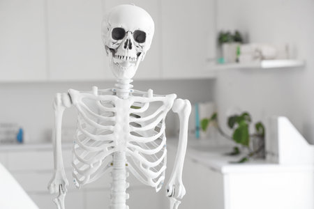 Human skeleton model in light hospital, closeup