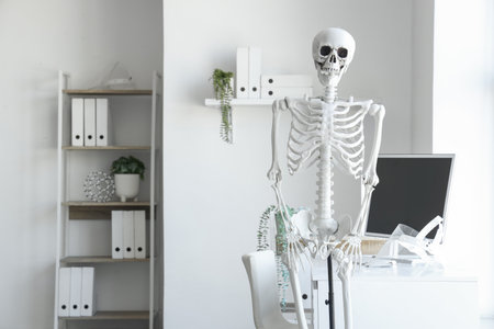 Interior of light hospital with human skeleton model and modern computerの写真素材