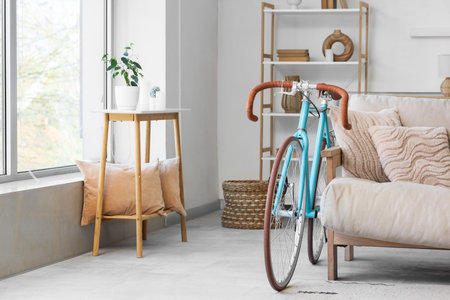 Modern bicycle near sofa in living room interiorの写真素材