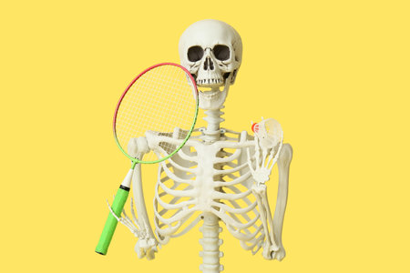 Funny human skeleton with badminton shuttlecock and racket on yellow background