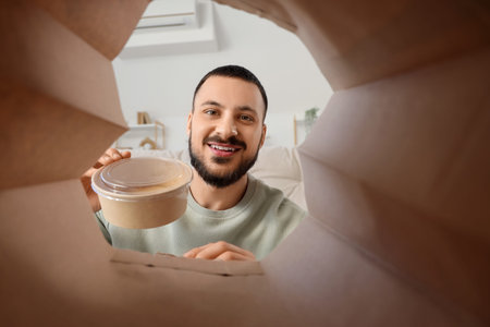 Young man taking container from paper bag at home, view from inside. Food delivery service