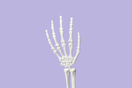 Raised hand of human skeleton on lilac backgroundの写真素材