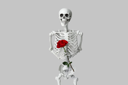 Human skeleton holding rose flower on gray background