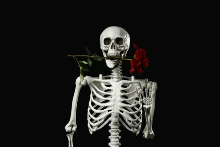 Human skeleton with rose flower in mouth on black backgroundの写真素材