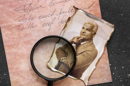 Old photo of senior man with letter and magnifier on dark background