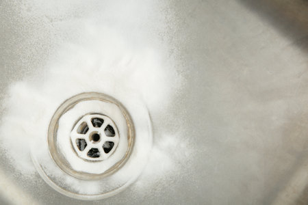 Sink with clogged drain and baking soda, closeupの写真素材