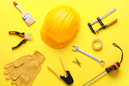 Hardhat, gloves and construction tools on yellow backgroundの写真素材