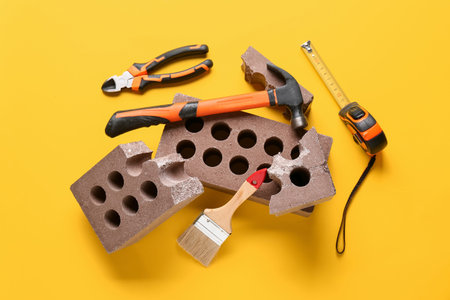 Bricks and construction tools on yellow backgroundの写真素材