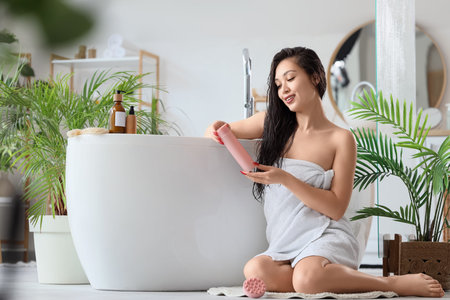 Pretty young Asian woman with shampoo in bathroom