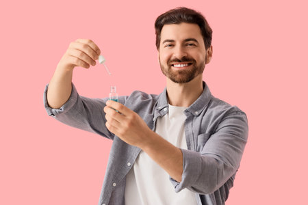 Man using serum for hair growth on pink backgroundの写真素材