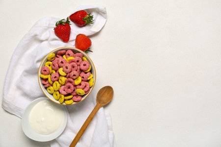 Composition with napkin, berries, bowls of tasty cereal rings and yogurt on white background