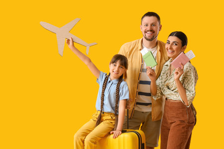 Family of tourists with paper airplane and suitcase on yellow backgroundの写真素材