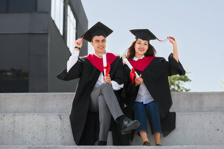 Couple of happy graduating students with diplomas sitting on steps outdoorsの写真素材