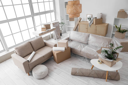 Interior of living room with sofas and cardboard boxes on moving day