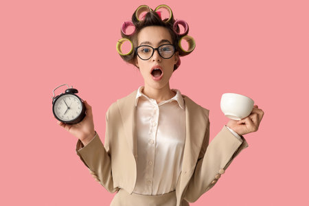 Shocked businesswoman with hair curlers holding alarm clock and coffee cup on pink background