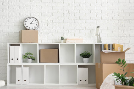 Shelf unit with cardboard boxes and plants in office on moving dayの写真素材