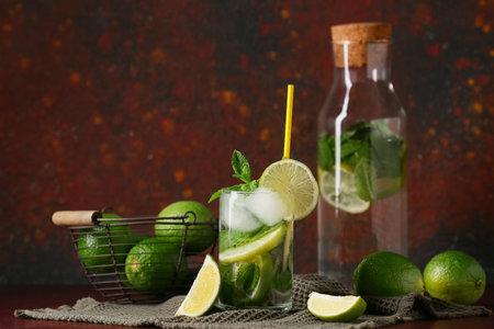 Glass and bottle of fresh Mojito cocktail with mint on red backgroundの写真素材