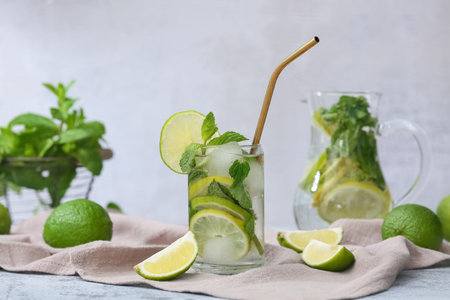 Glass and jug of fresh Mojito cocktail with mint on gray background
