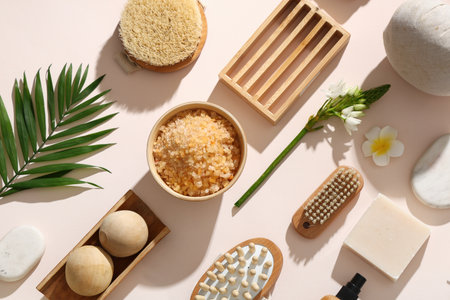 Composition with spa accessories, sea salt and plants on color backgroundの写真素材