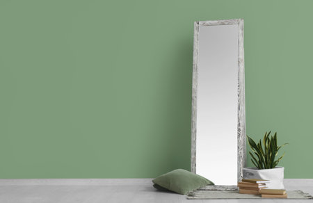 Floor mirror, books and houseplant near green wall in roomの写真素材