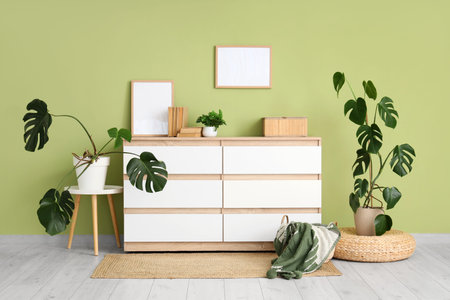 Interior of living room with Monstera plants, commode and blank frames