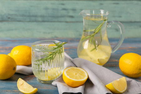 Composition with glass of lemonade, napkin and ingredients on blue wooden background, closeupの写真素材