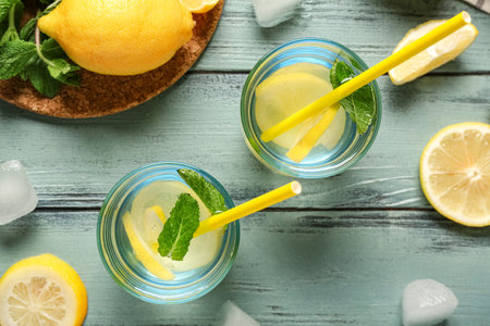 Glasses of fresh lemonade with mint on green wooden backgroundの写真素材