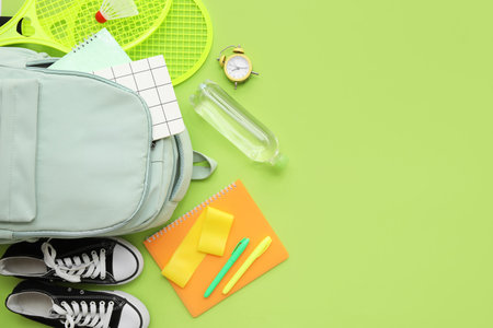 Composition with backpack, school supplies and sports equipment on green background