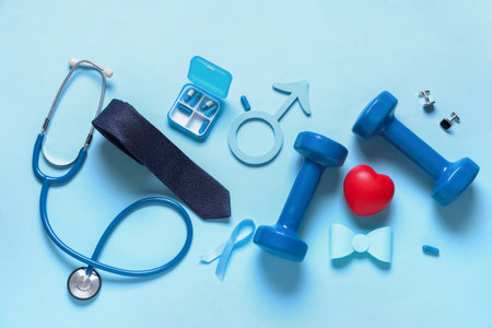 Male sign with heart, pills and male accessories on blue background. Prostate cancer awareness conceptの写真素材