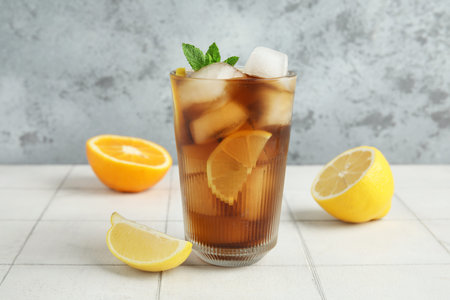 Glass of Long Island iced tea cocktail with mint and citrus fruits on white tile table