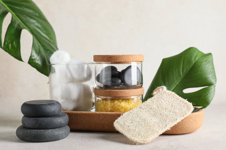 Composition with tropical leaf, jars with sea salt and spa stones on white grunge background, closeupの写真素材