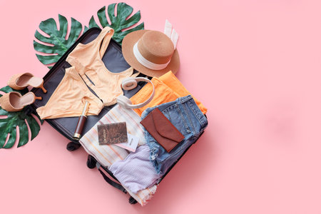 Open suitcase with beach accessories and palm leaves on pink background, top viewの写真素材