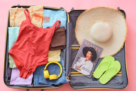Open suitcase with beach accessories on pink background, top viewの写真素材