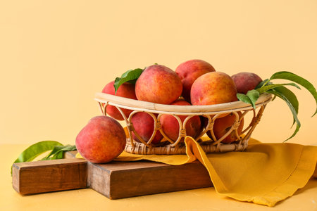 Basket of fresh peaches on yellow backgroundの写真素材