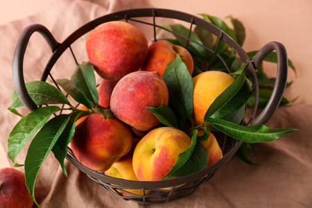 Basket of fresh peaches on pink backgroundの写真素材