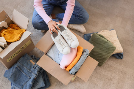 Young woman packing sneakers into box for donation at home, top viewの写真素材