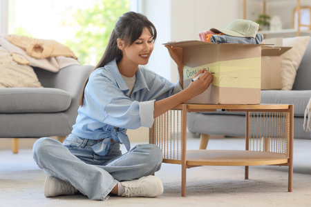 Young woman writing word DONATIONS on box with clothes at homeの写真素材