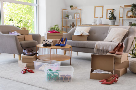 Cardboard boxes with different women's shoes in living room