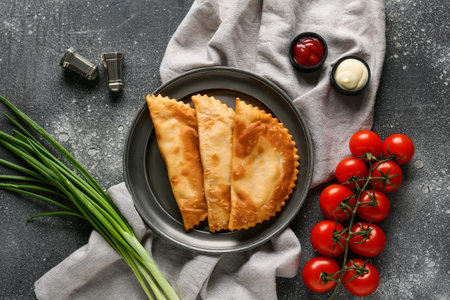 Plate with tasty chebureks, vegetables and sauces on gray grunge table