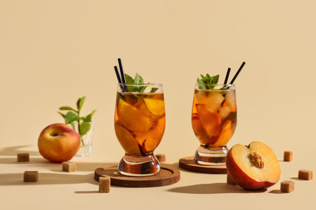 Glasses of tasty iced tea with mint and peaches on beige backgroundの写真素材
