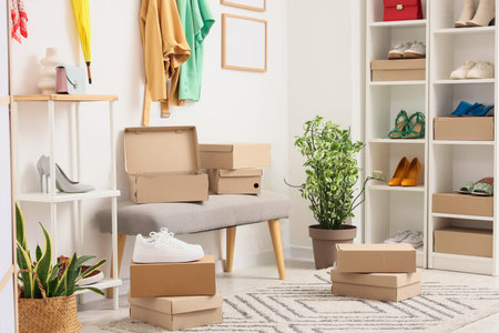Soft bench with shoe boxes in wardrobe