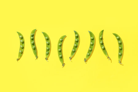 Composition with fresh green peas on yellow backgroundの写真素材