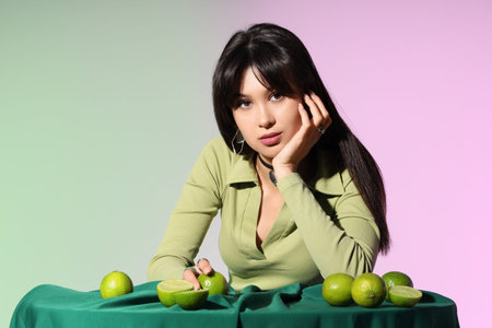 Stylish young woman with limes at table on color background