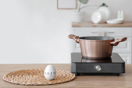Modern kitchen timer and mini stove with cooking pot on table in roomの写真素材