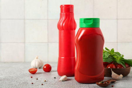 Bottles of tasty ketchup and different ingredients on gray tableの写真素材