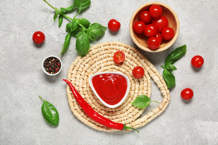 Bowl of tasty ketchup and different ingredients on gray backgroundの写真素材