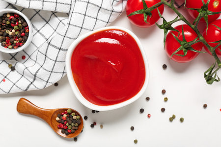 Bowl of tasty ketchup with peppercorns and tomatoes on white backgroundの写真素材