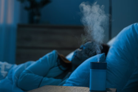 Air humidifier on table against woman sleeping in bedroom at night, closeupの写真素材